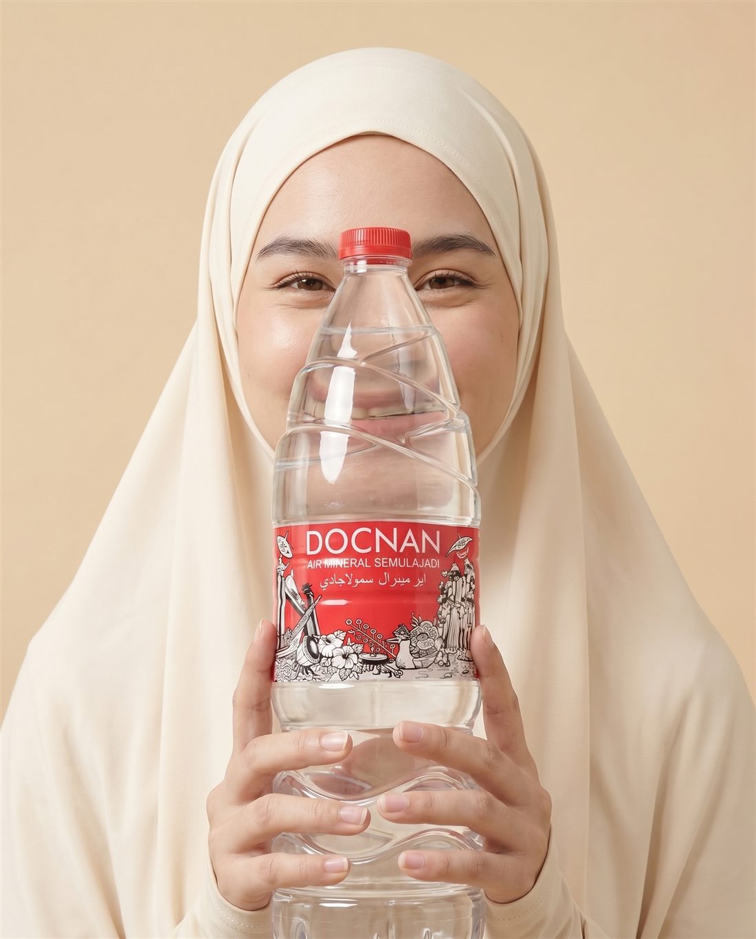 Model memegang botol Air Mineral DOCNAN